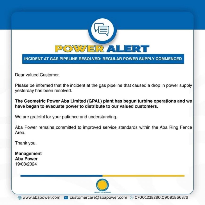 Geometric Power Restores Electricity Supply in Aba After Gas Pipeline Incident